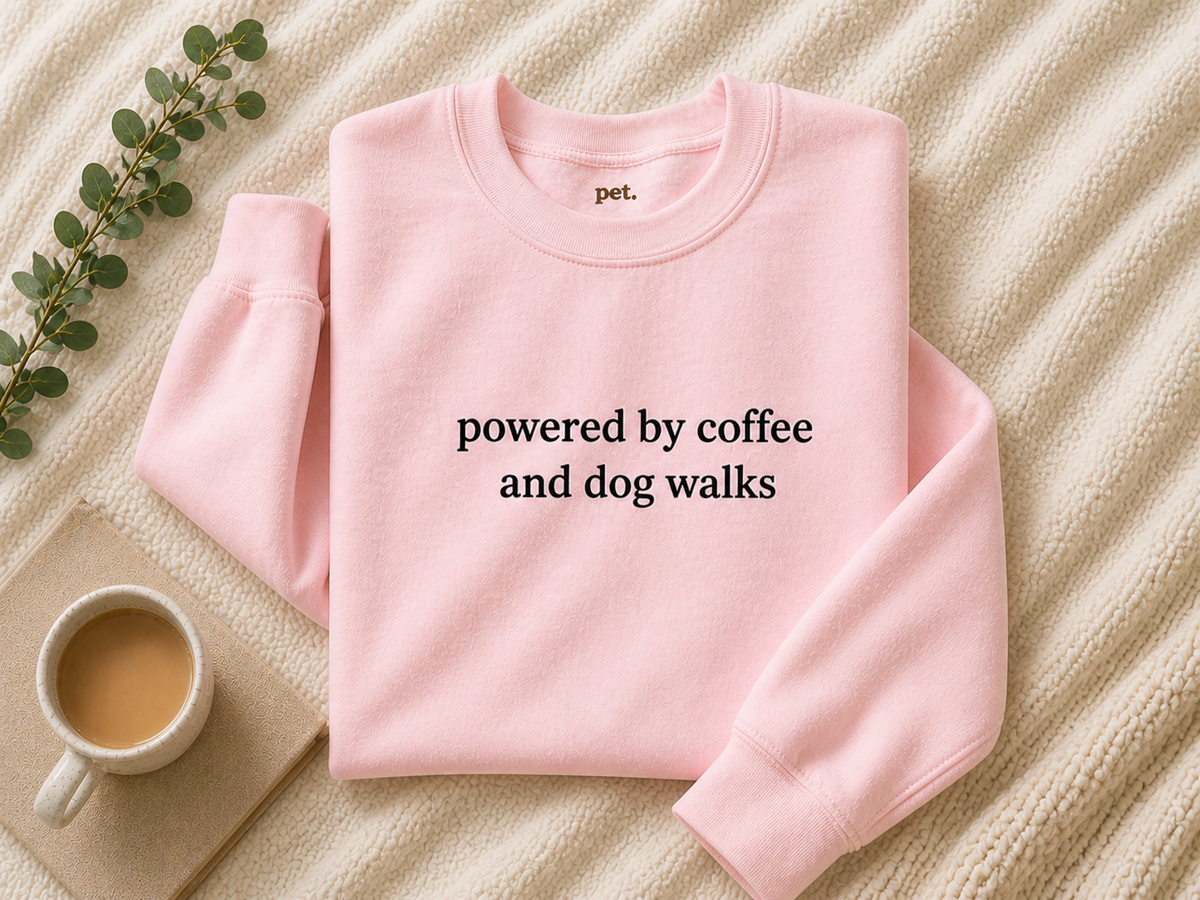 Powered By Coffee and Dog Walks Embroidered Sweatshirt - Black Text Edition
