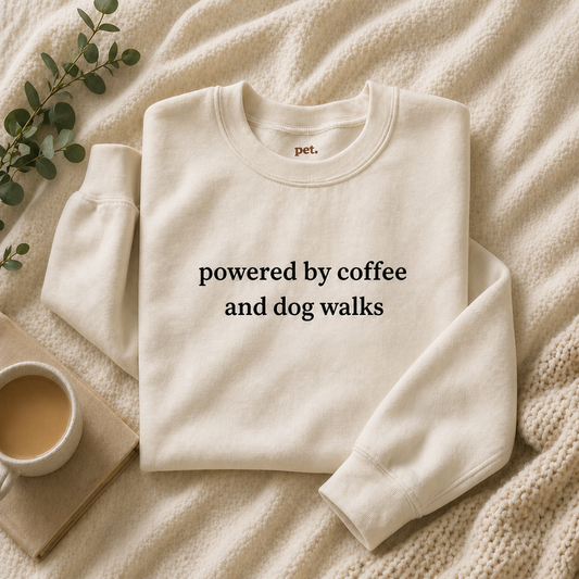 Powered By Coffee and Dog Walks Embroidered Sweatshirt - Black Text Edition