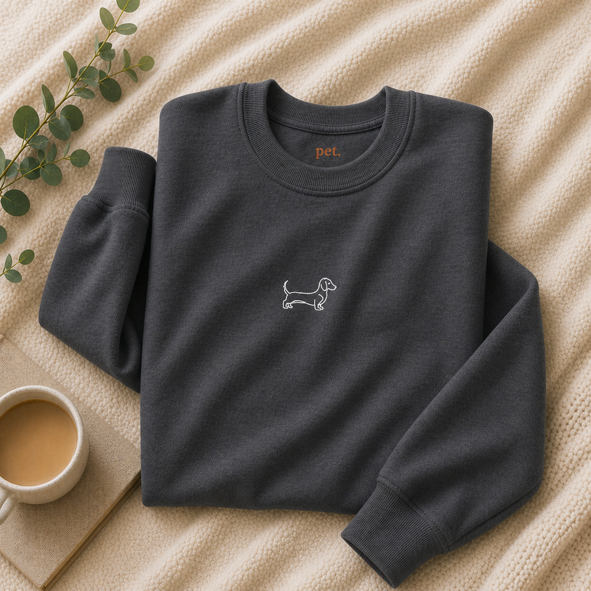 Minimal Dachshund Embroidered Crewneck Sweatshirt - White Outline