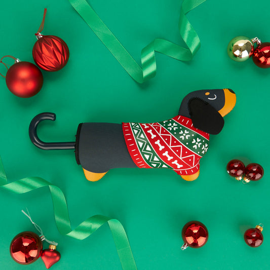 Festive Black & Tan Sausage Dog Umbrella