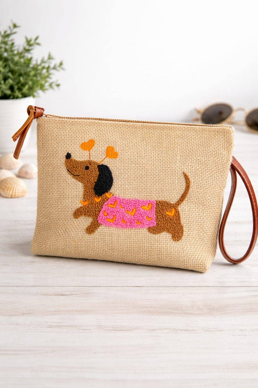 Sausage Dog Pink Coat Clutch Bag